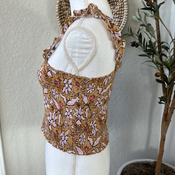 Aerie Floral Retro Print Smocked Crop Top Ruffle Straps NEW Size Medium - Picture 4 of 8